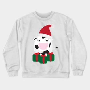 Cute Cartoon Cow with Santa Hat and Green Red Gifts Crewneck Sweatshirt